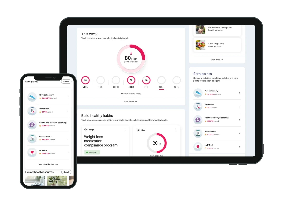 Vitality on phone and tablet. The tablet shows a weekly physical activity ring at 80 of 105 points with daily rings capped at 30, and an Earn points list grouped by category: Physical activity, Prevention, Health and lifestyle coaching, Assessments, and client activities.