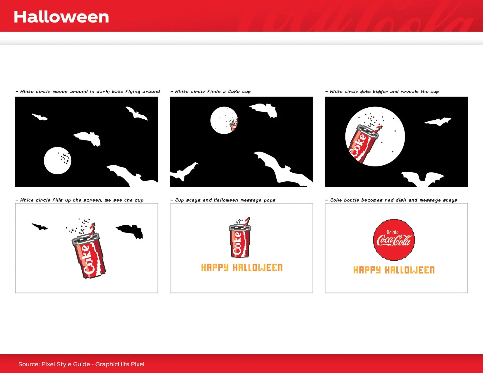 Option 1: pixel style, a spotlight finds a Coke cup among bats.