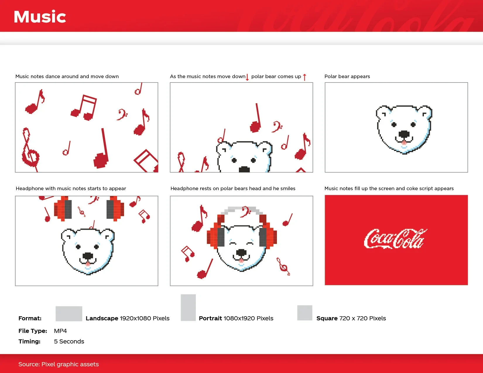 Final music storyboard: pixel music notes fall, a polar bear rises, red headphones land on his head and he smiles, ending on the Coca-Cola script.